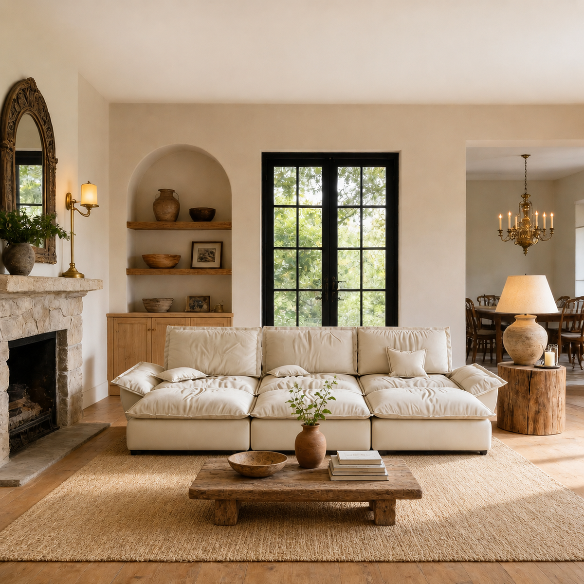 Beige 3-seater suede modular sofa with three deep seat cushions in a neutral living room