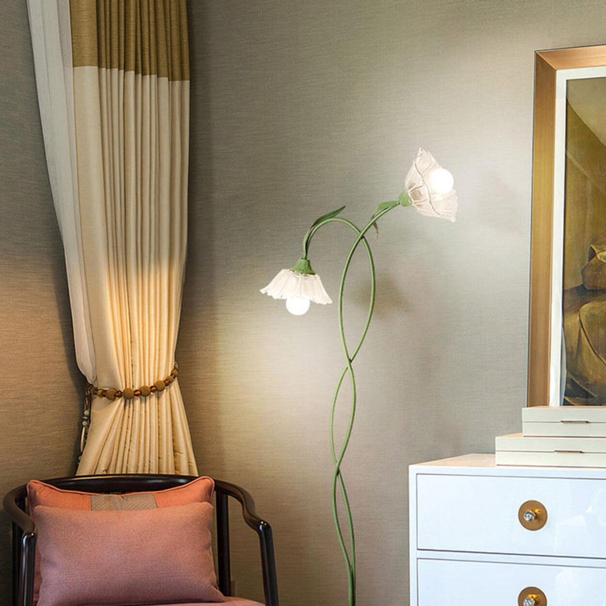 2-Light Fresh Green Floral Living Room Floor Lamp Image - 3