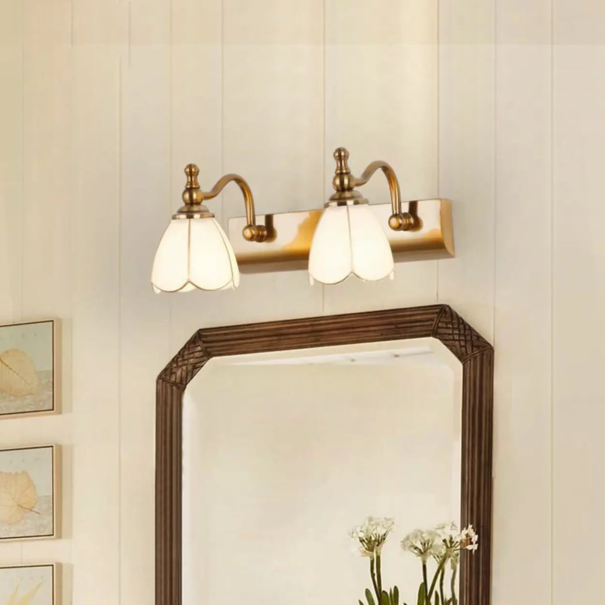 2-Light Vintage Brass Floral Glass LED Vanity Light Image - 1