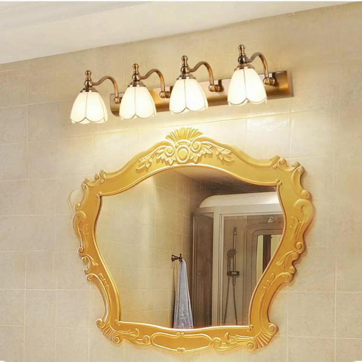 2-Light Vintage Brass Floral Glass LED Vanity Light Image - 3