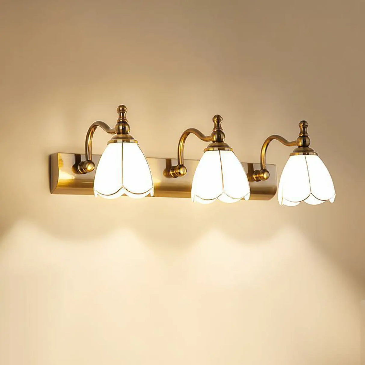 2-Light Vintage Brass Floral Glass LED Vanity Light Image - 8