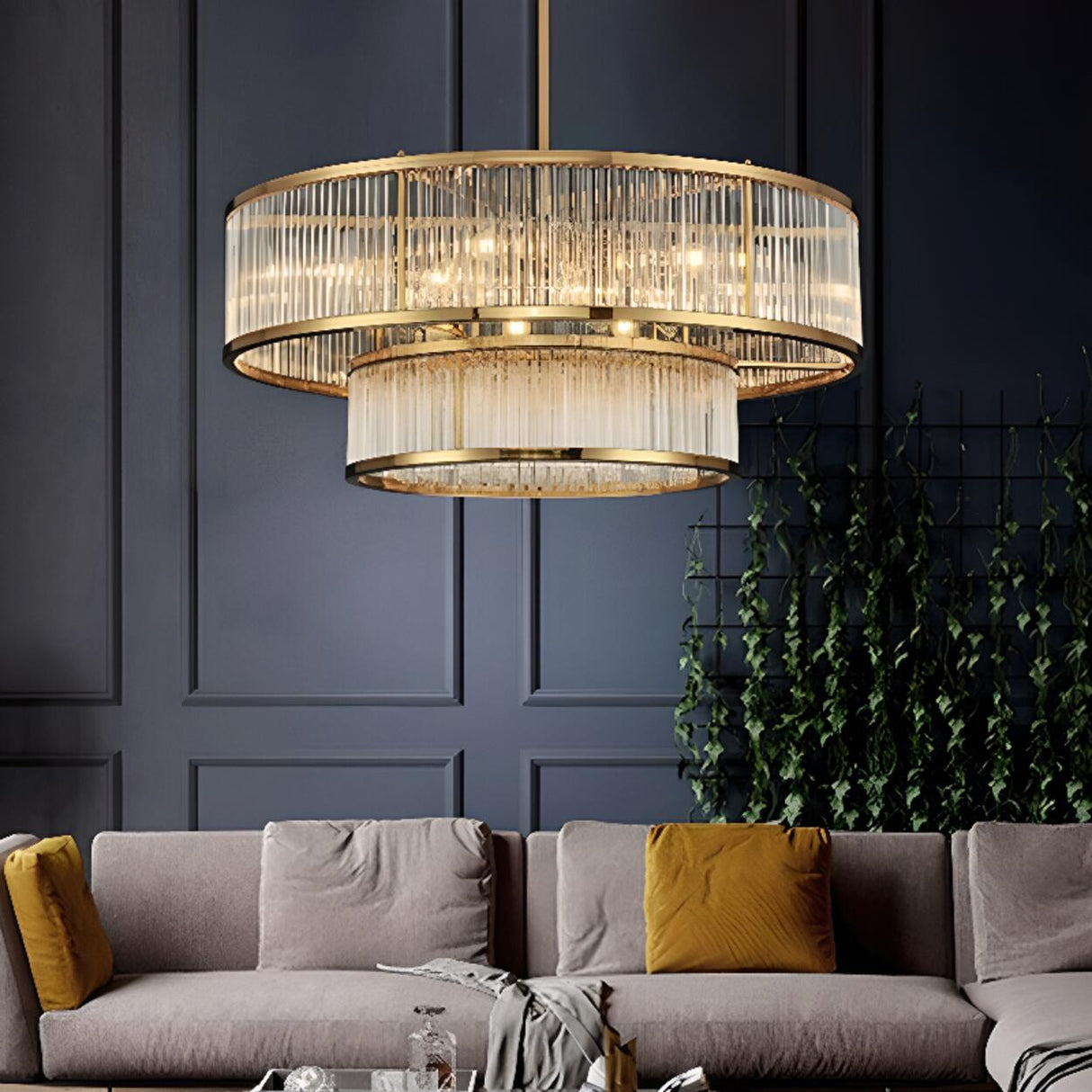 2 Tiers Adjustable Height Gold Drum Crystal Chandelier Image - 2