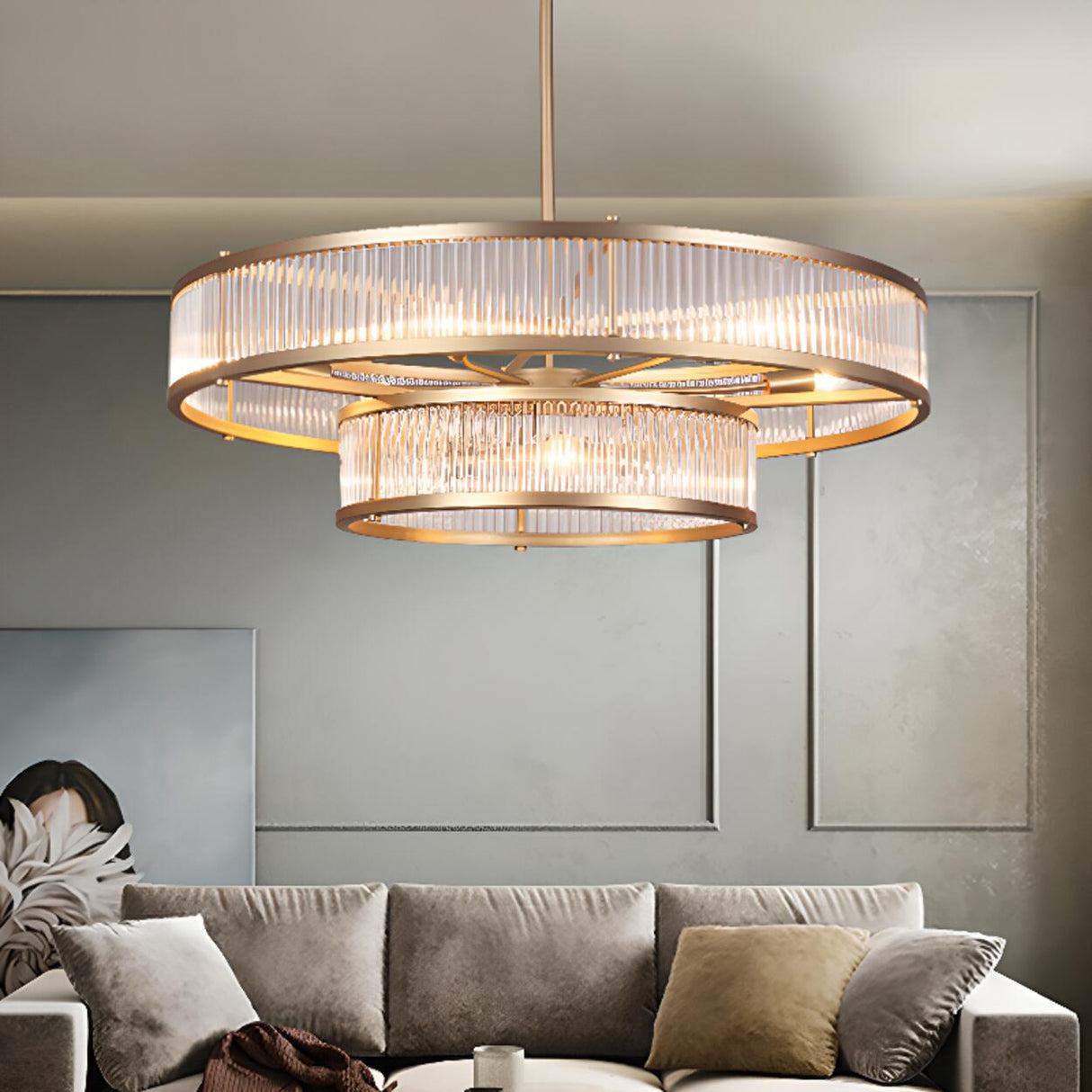 2 Tiers Adjustable Height Gold Drum Crystal Chandelier Image - 3