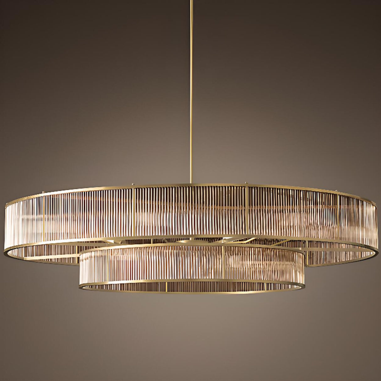 2 Tiers Adjustable Height Gold Drum Crystal Chandelier Image - 4