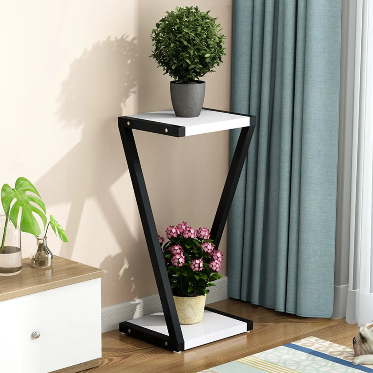 2 Tiers Modish Z-Shape Whit-Black Wood Floor Plant Stand Image - 2