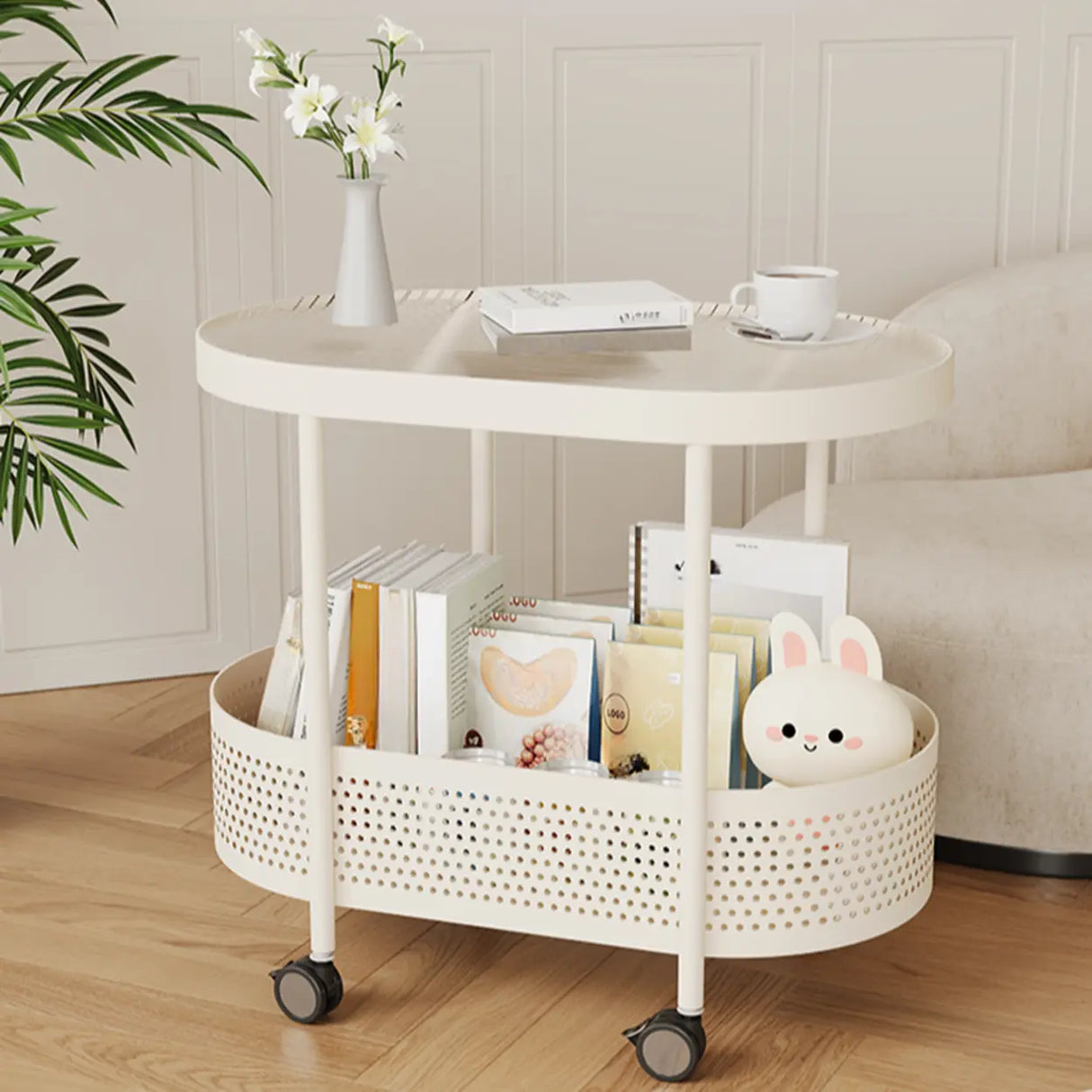 2 Tiers Oval Acrylic Off-White Rolling Chairside Table Image - 10