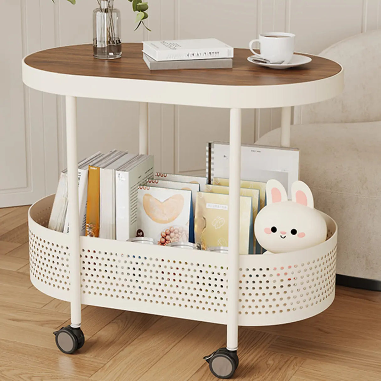 2 Tiers Oval Acrylic Off-White Rolling Chairside Table Image - 11