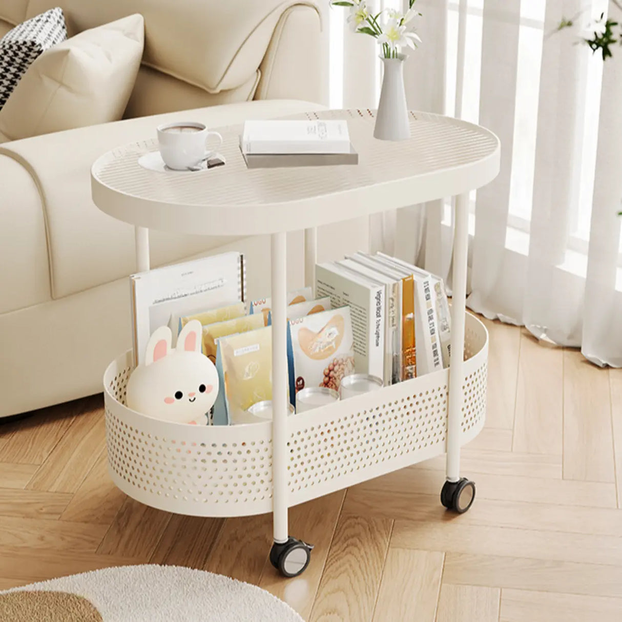 2 Tiers Oval Acrylic Off-White Rolling Chairside Table Image - 12