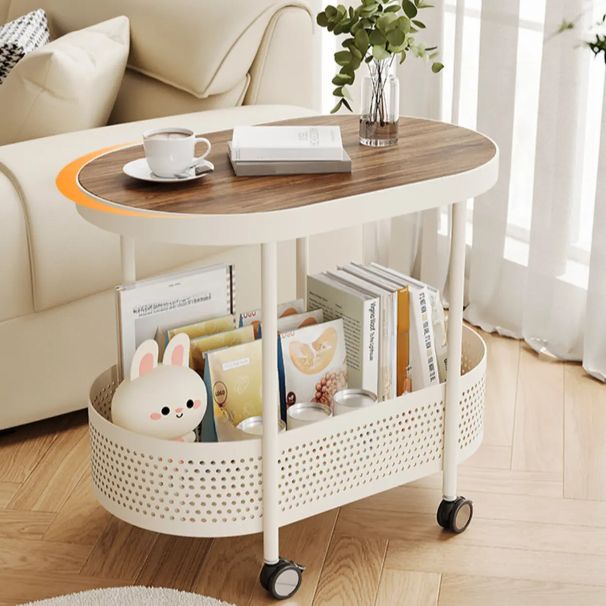 2 Tiers Oval Acrylic Off-White Rolling Chairside Table Image - 13