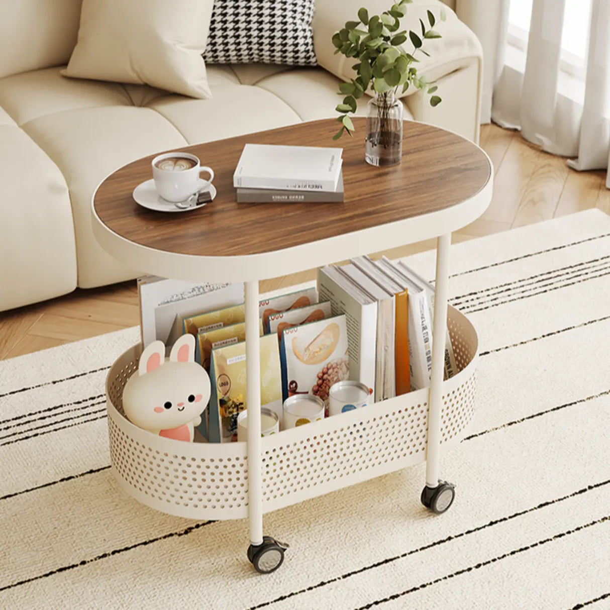 2 Tiers Oval Acrylic Off-White Rolling Chairside Table Image - 14