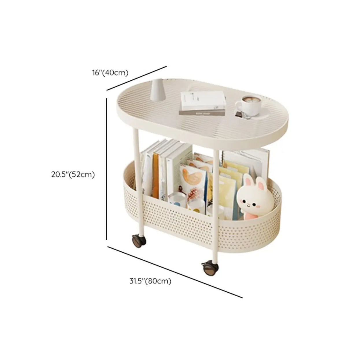 2 Tiers Oval Acrylic Off-White Rolling Chairside Table Image - 17