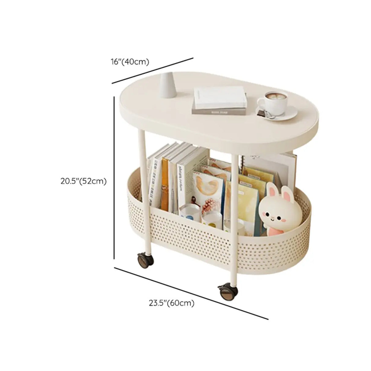 2 Tiers Oval Acrylic Off-White Rolling Chairside Table Image - 21