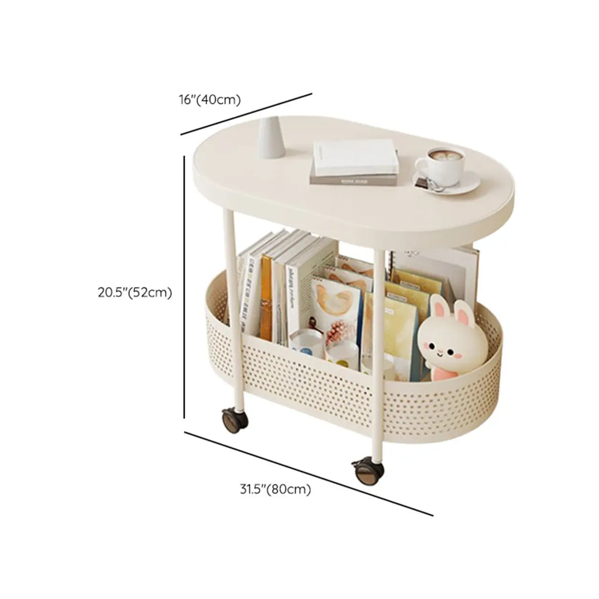 2 Tiers Oval Acrylic Off-White Rolling Chairside Table Image - 23