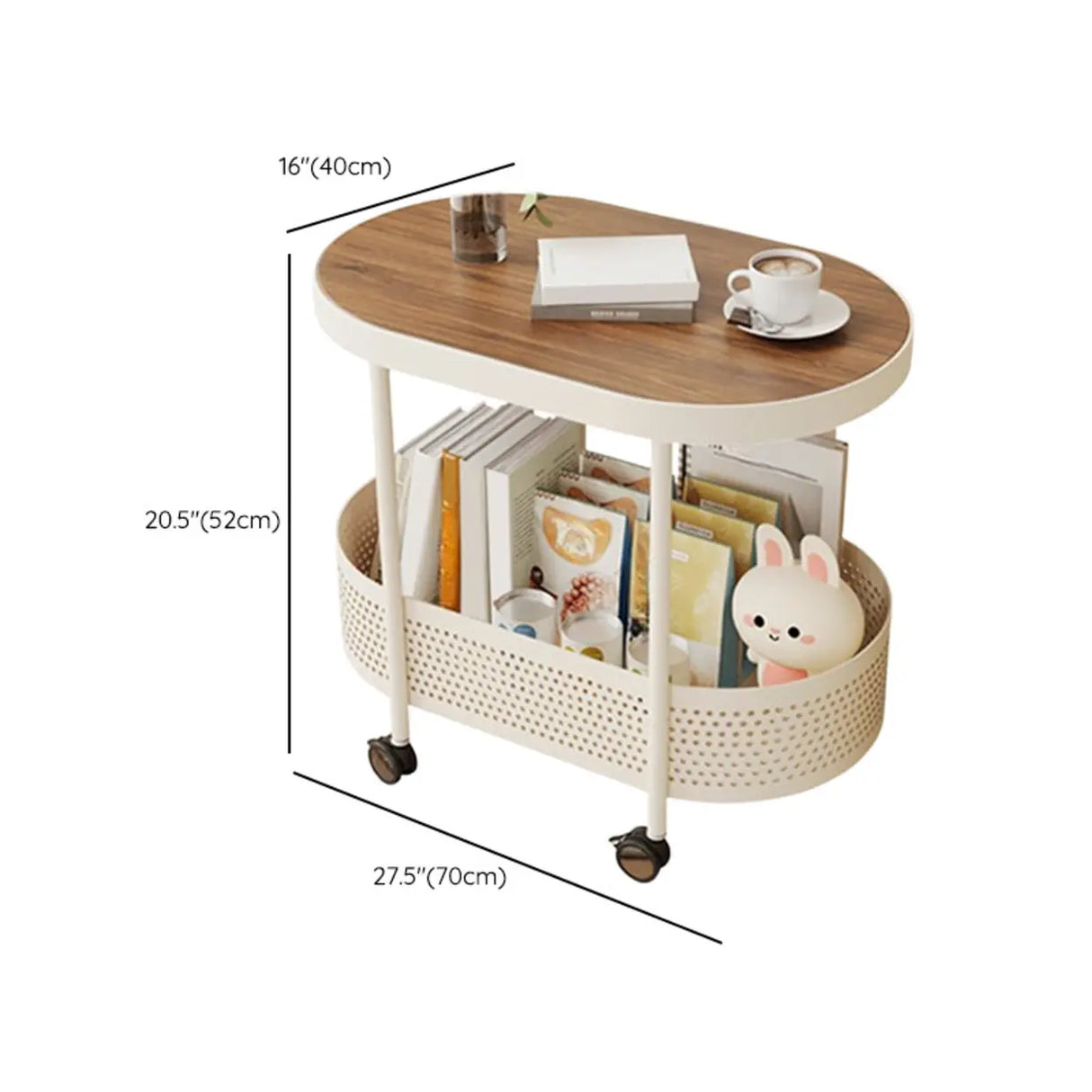 2 Tiers Oval Acrylic Off-White Rolling Chairside Table Image - 25