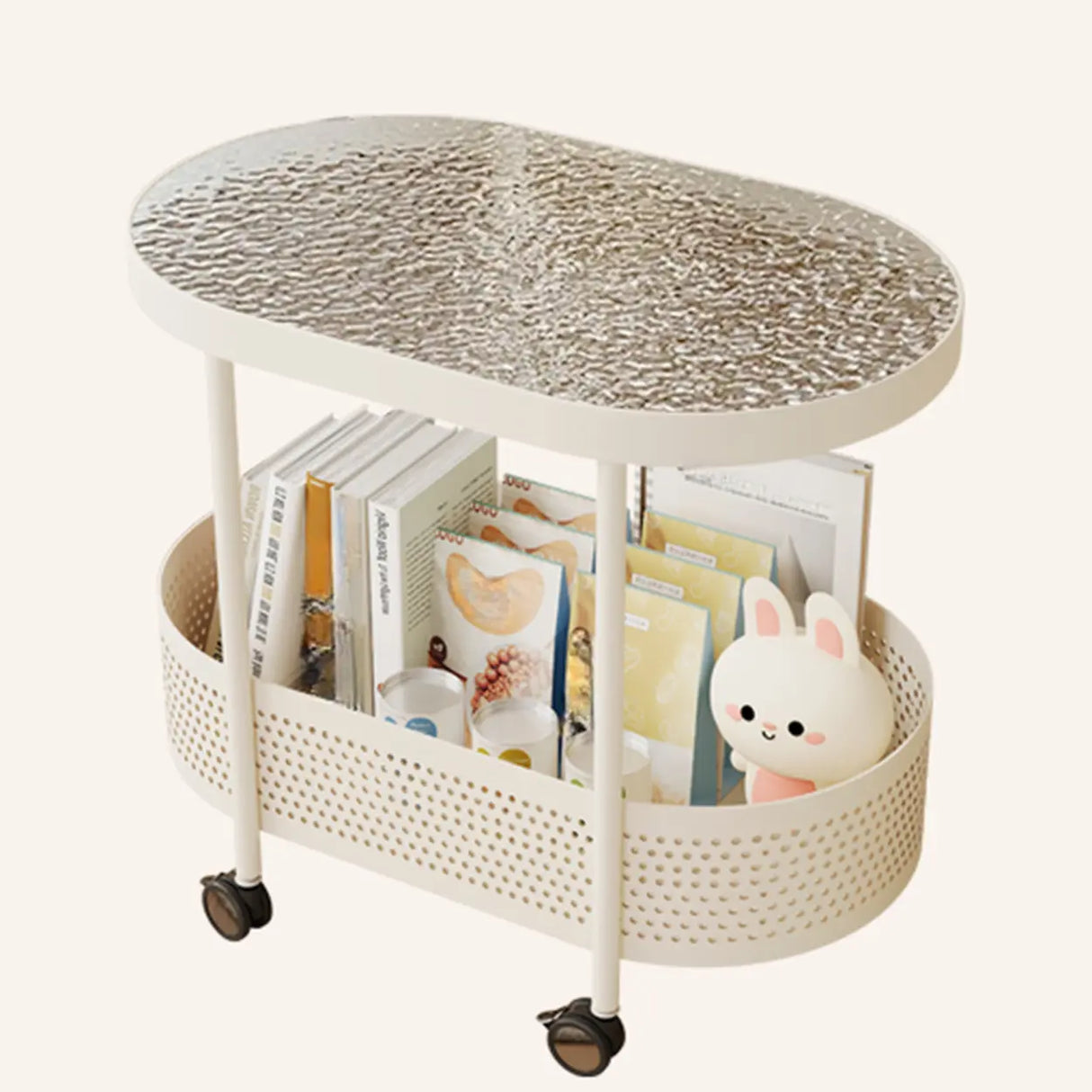 2 Tiers Oval Acrylic Off-White Rolling Chairside Table Image - 3