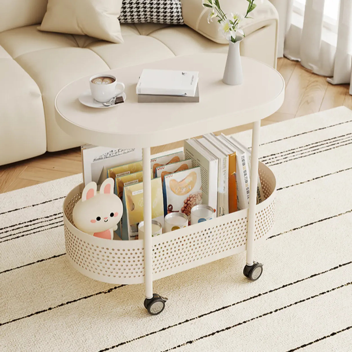 2 Tiers Oval Acrylic Off-White Rolling Chairside Table Image - 4