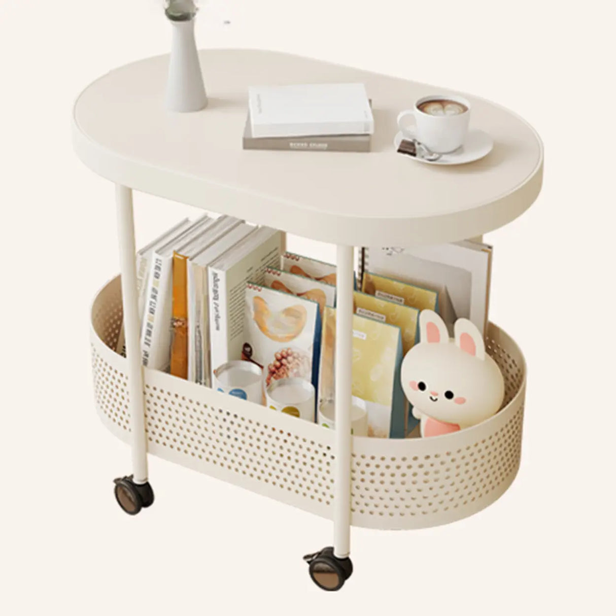 2 Tiers Oval Acrylic Off-White Rolling Chairside Table Image - 5