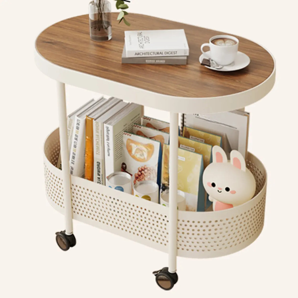 2 Tiers Oval Acrylic Off-White Rolling Chairside Table Image - 7