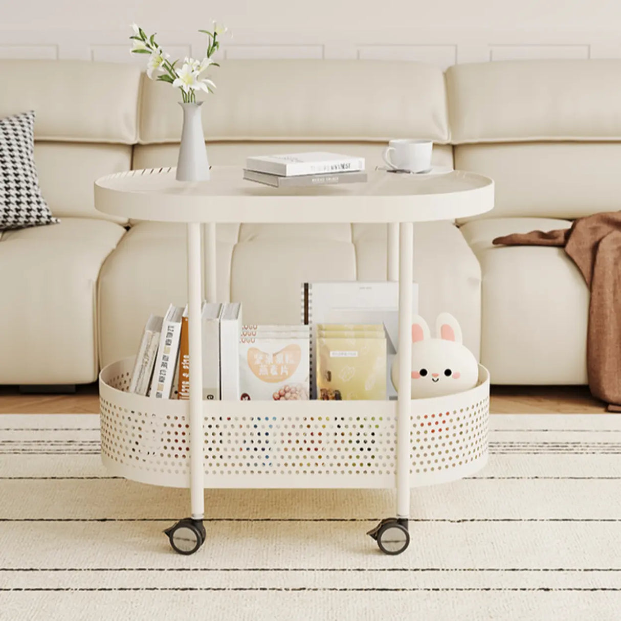 2 Tiers Oval Acrylic Off-White Rolling Chairside Table Image - 8