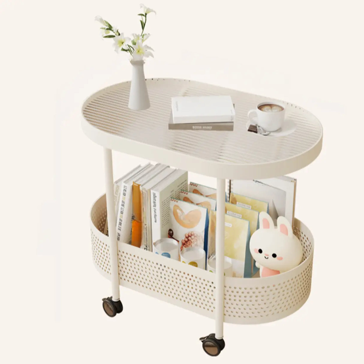 2 Tiers Oval Acrylic Off-White Rolling Chairside Table Image - 9