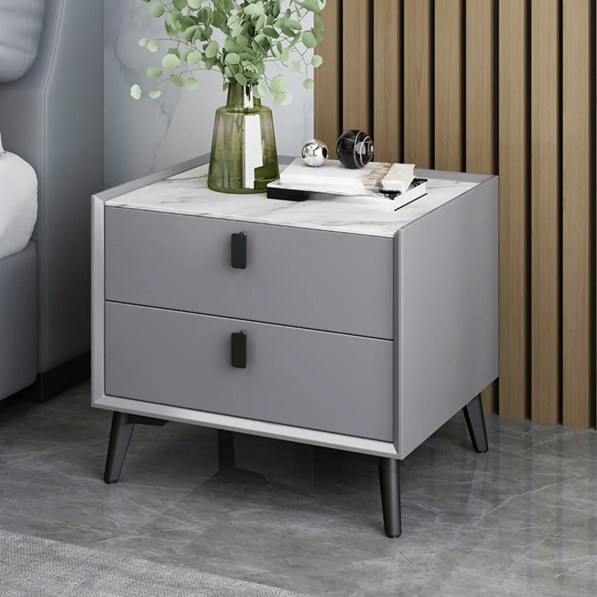 2 Tiers Square Sintered Stone and Wood Grey Nightstand Image - 3