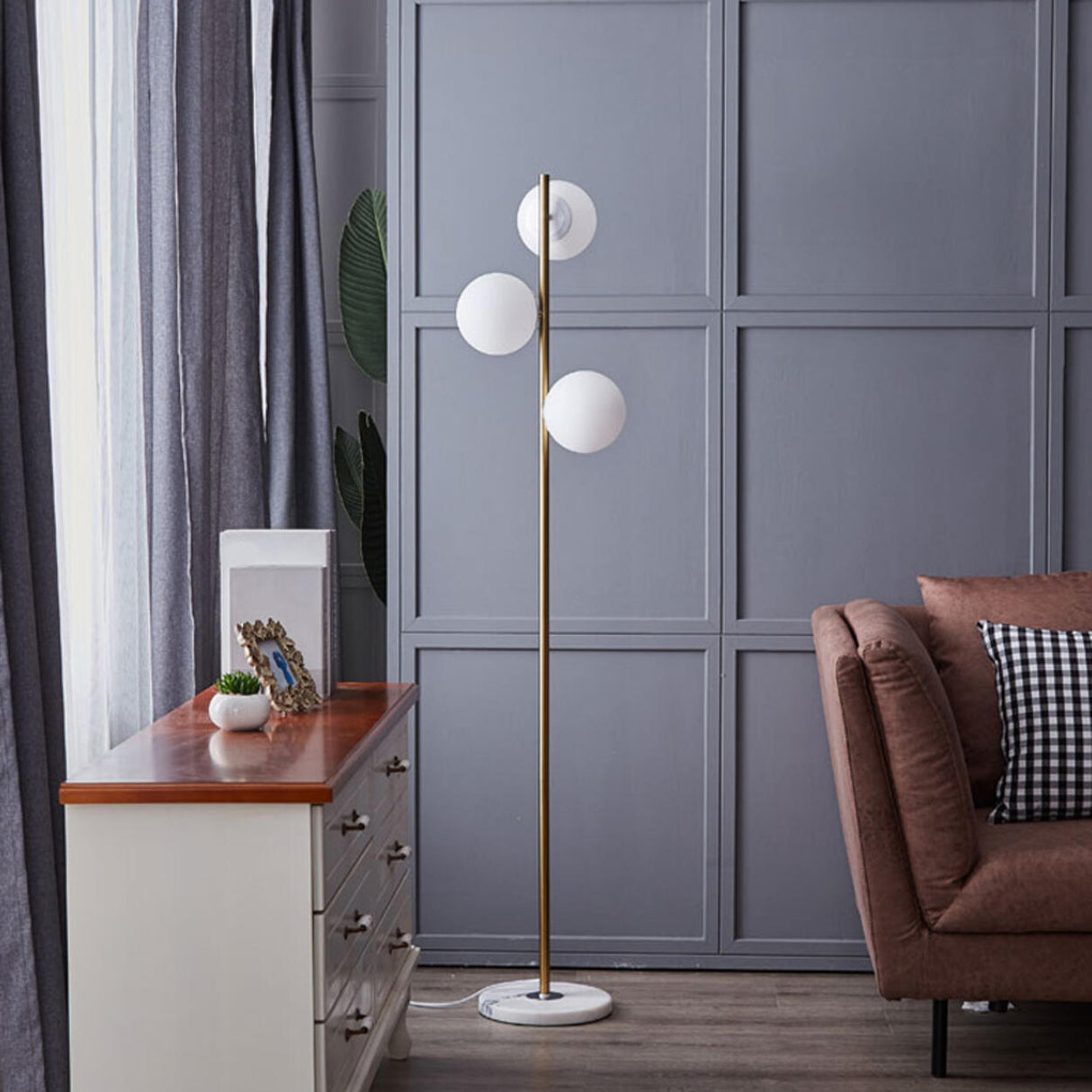 3-Light Globe Gold Stand and Marble Base Floor Lamp Image - 3