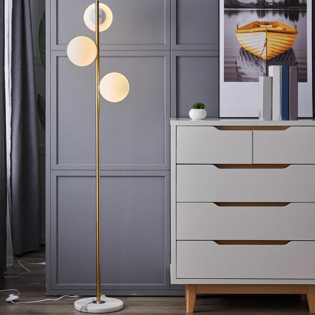 3-Light Globe Gold Stand and Marble Base Floor Lamp Image - 4