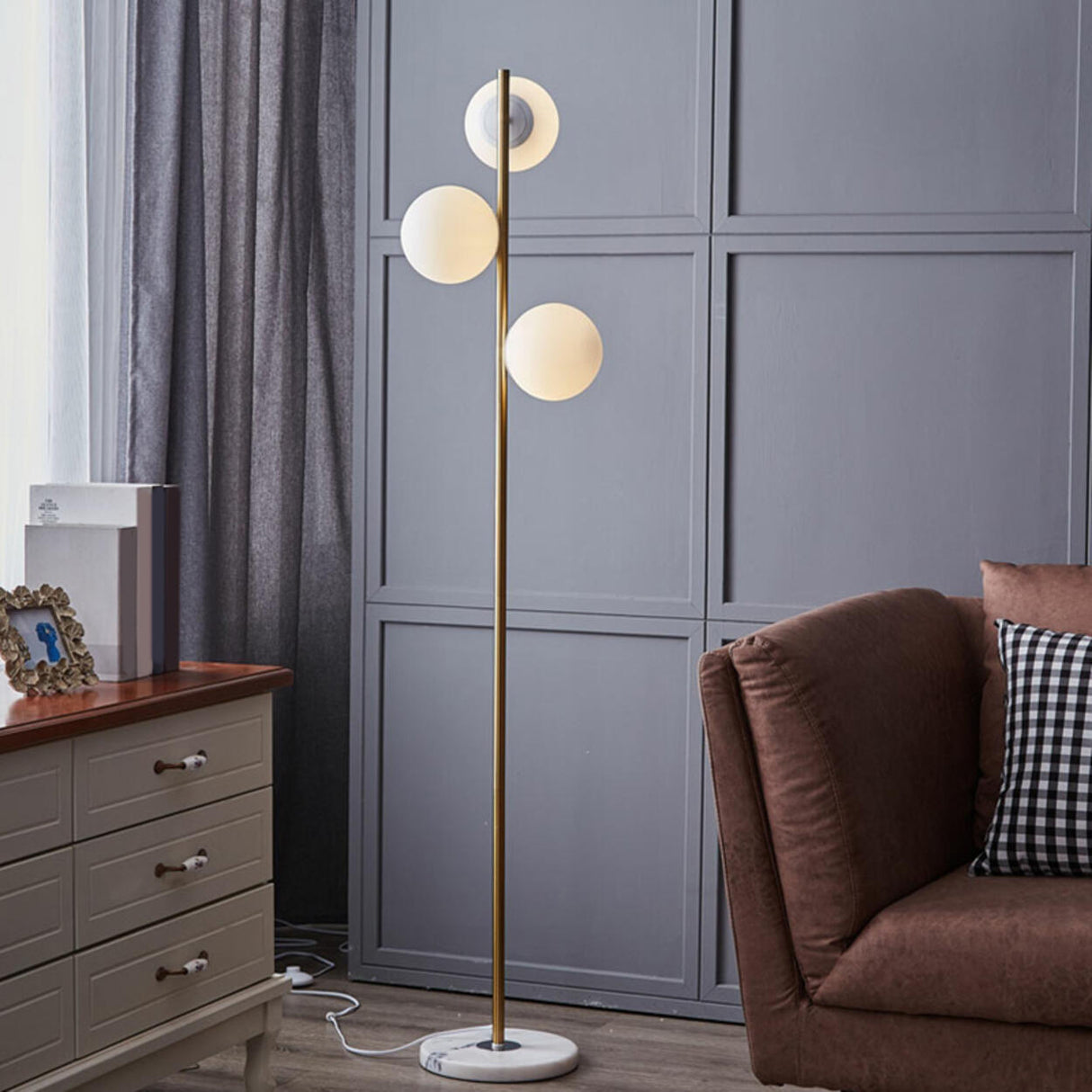 3-Light Globe Gold Stand and Marble Base Floor Lamp Image - 7