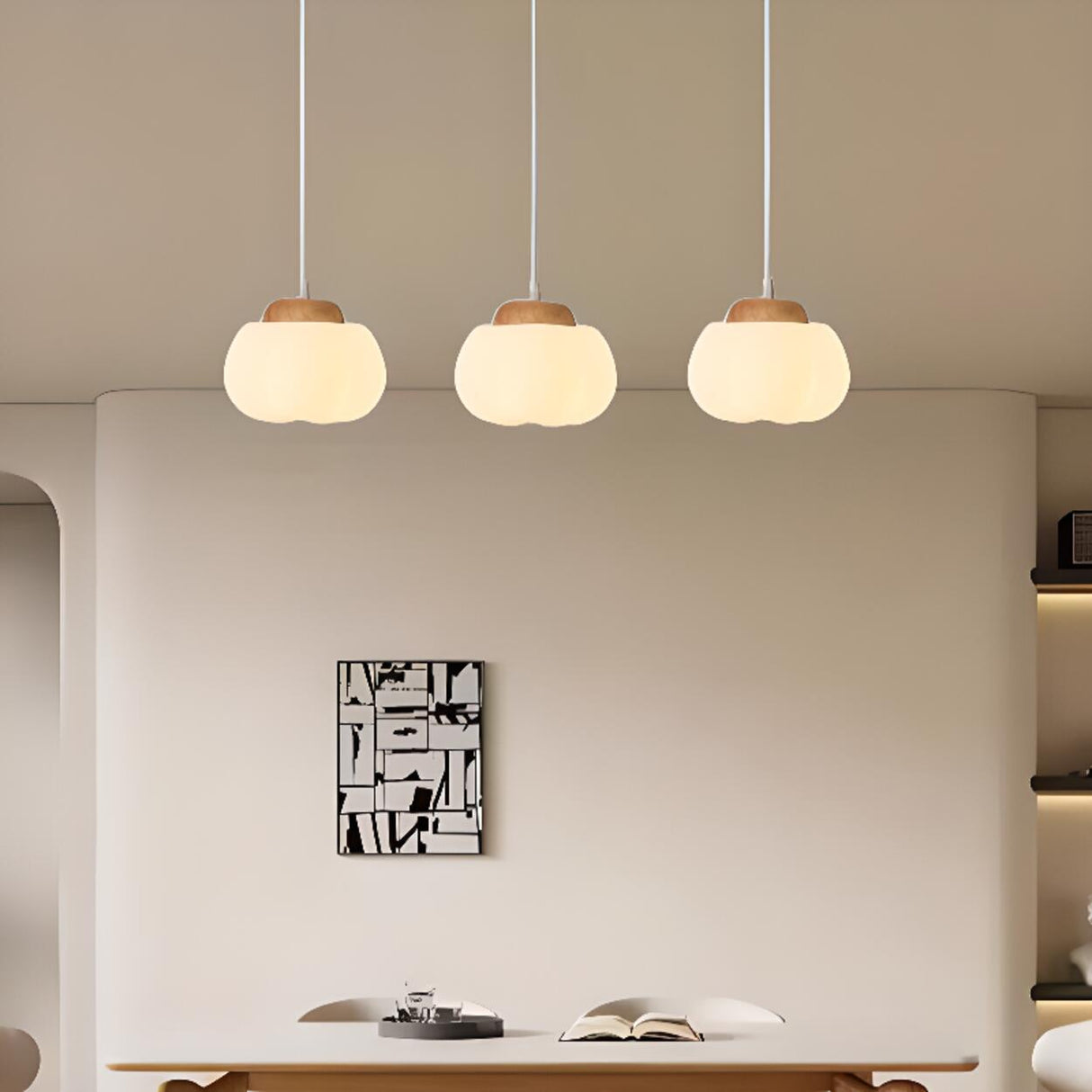 3-Light Modern Pumpkin Wood Island Light Fixtures Image - 3