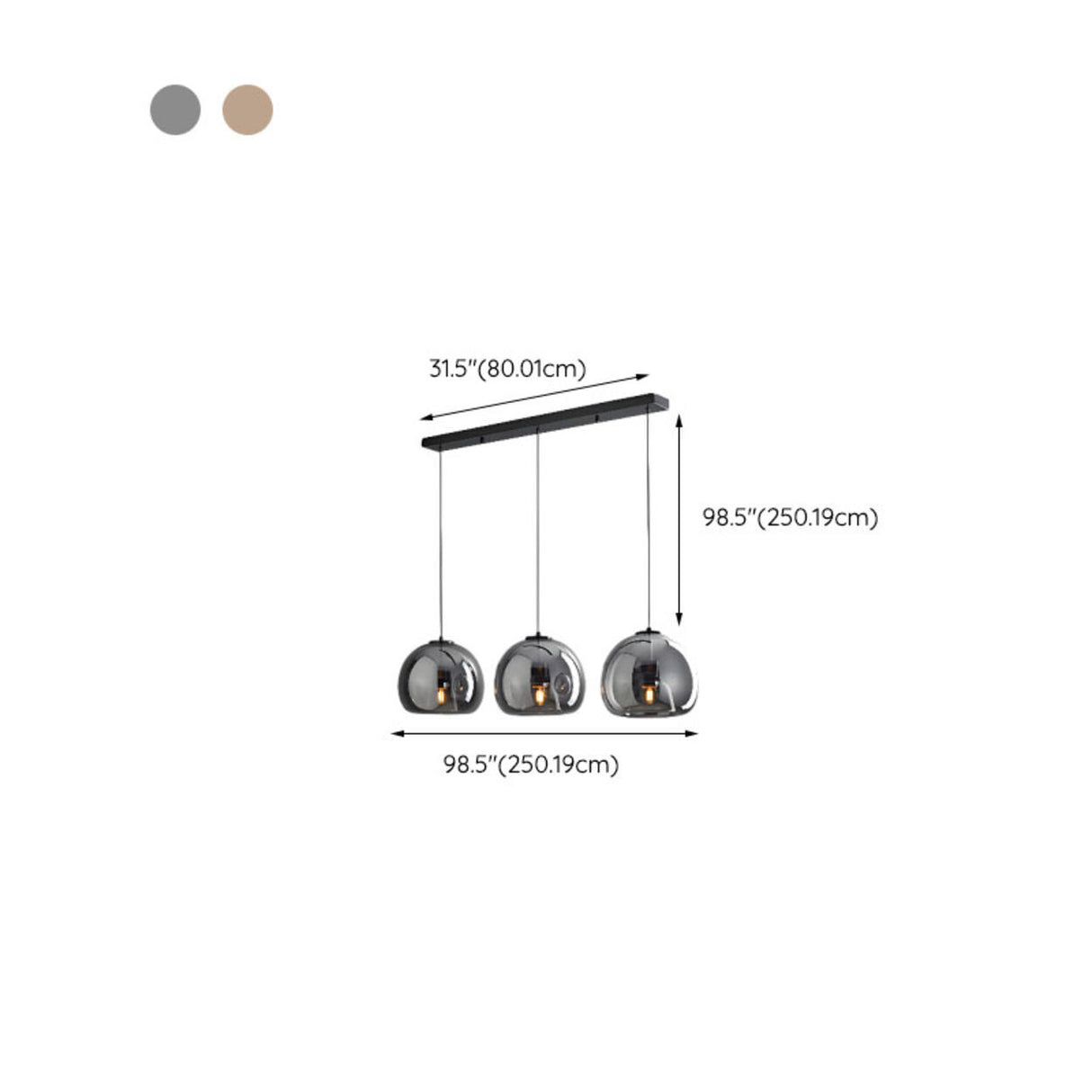 3-Light Smoky Glass Globe LED Island Hanging Light