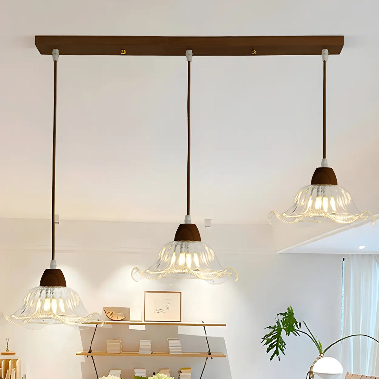 3-Light Vintage Floral Glass Wood Island Pendant Light Image - 2