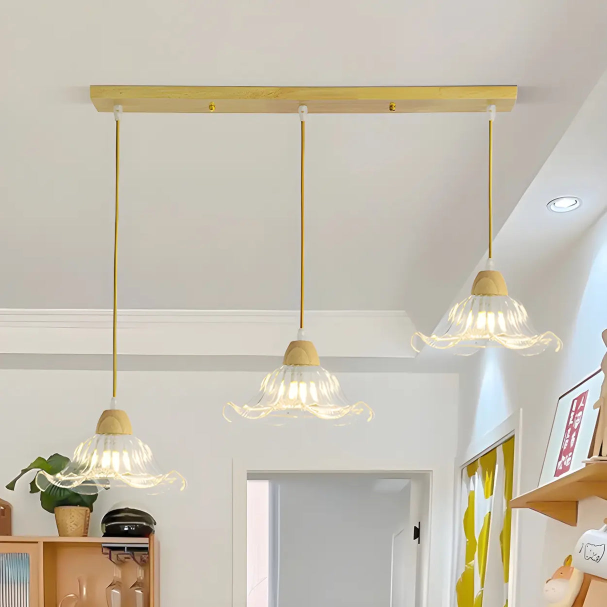 3-Light Vintage Floral Glass Wood Island Pendant Light Image - 3