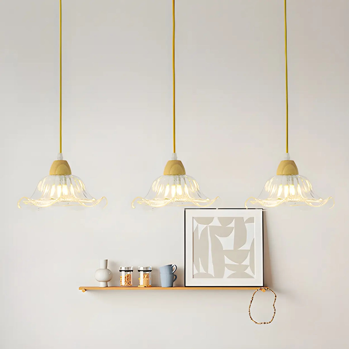 3-Light Vintage Floral Glass Wood Island Pendant Light Image - 4