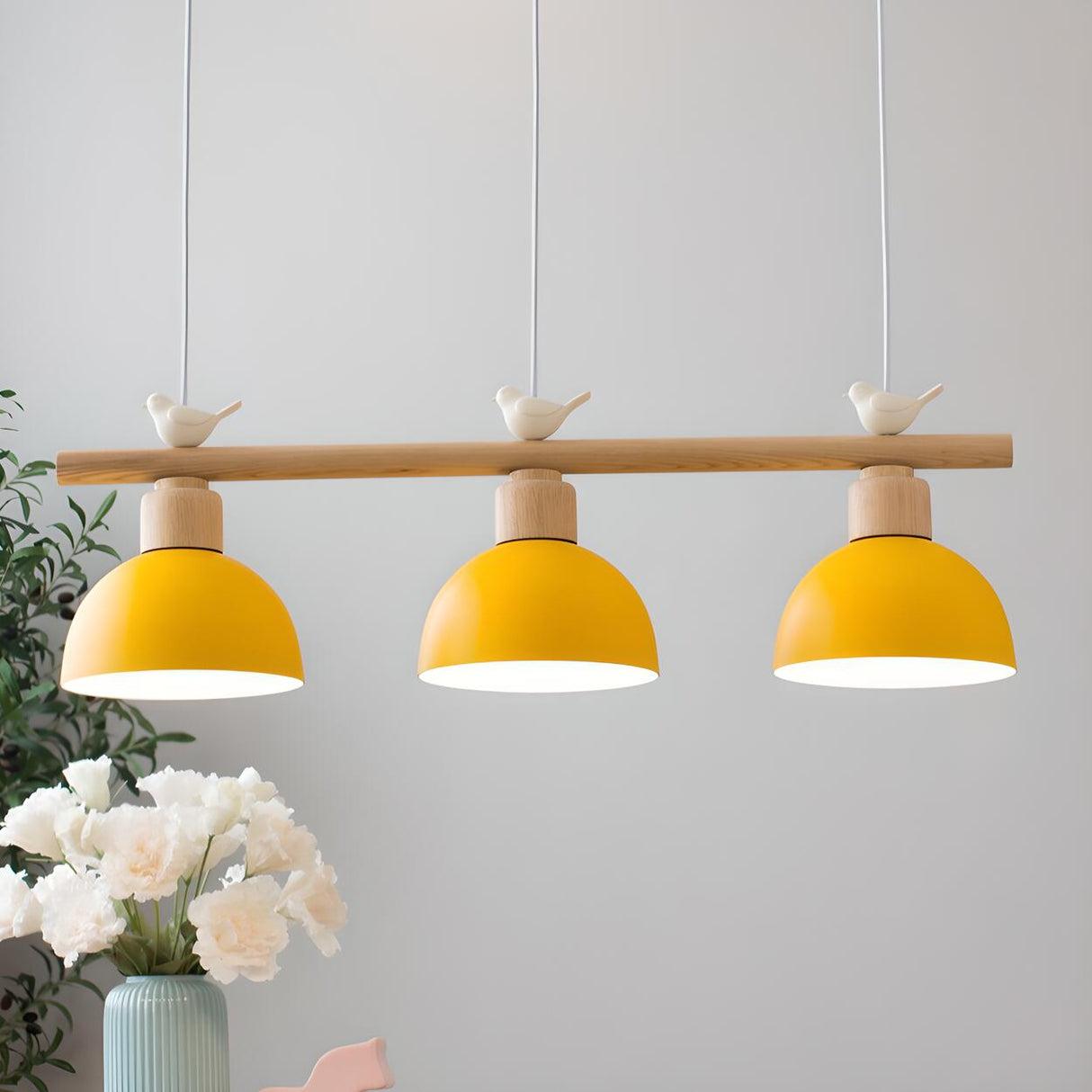 3-Light Yellow Dome and Bird Island Pendant Light Image - 1
