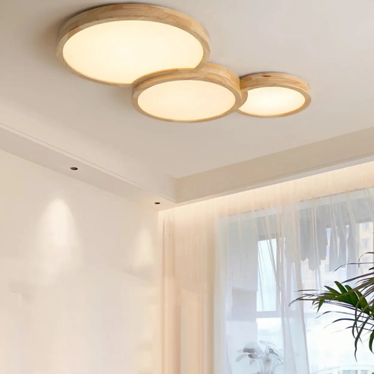 3 Lights Wood Round LED Flush Mount Light Living Room Image - 4