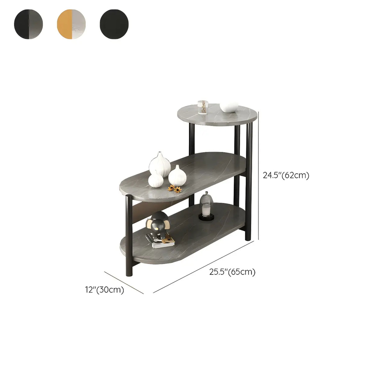 3 Tiers Oval Black Wood Storage Side Table with Iron Base