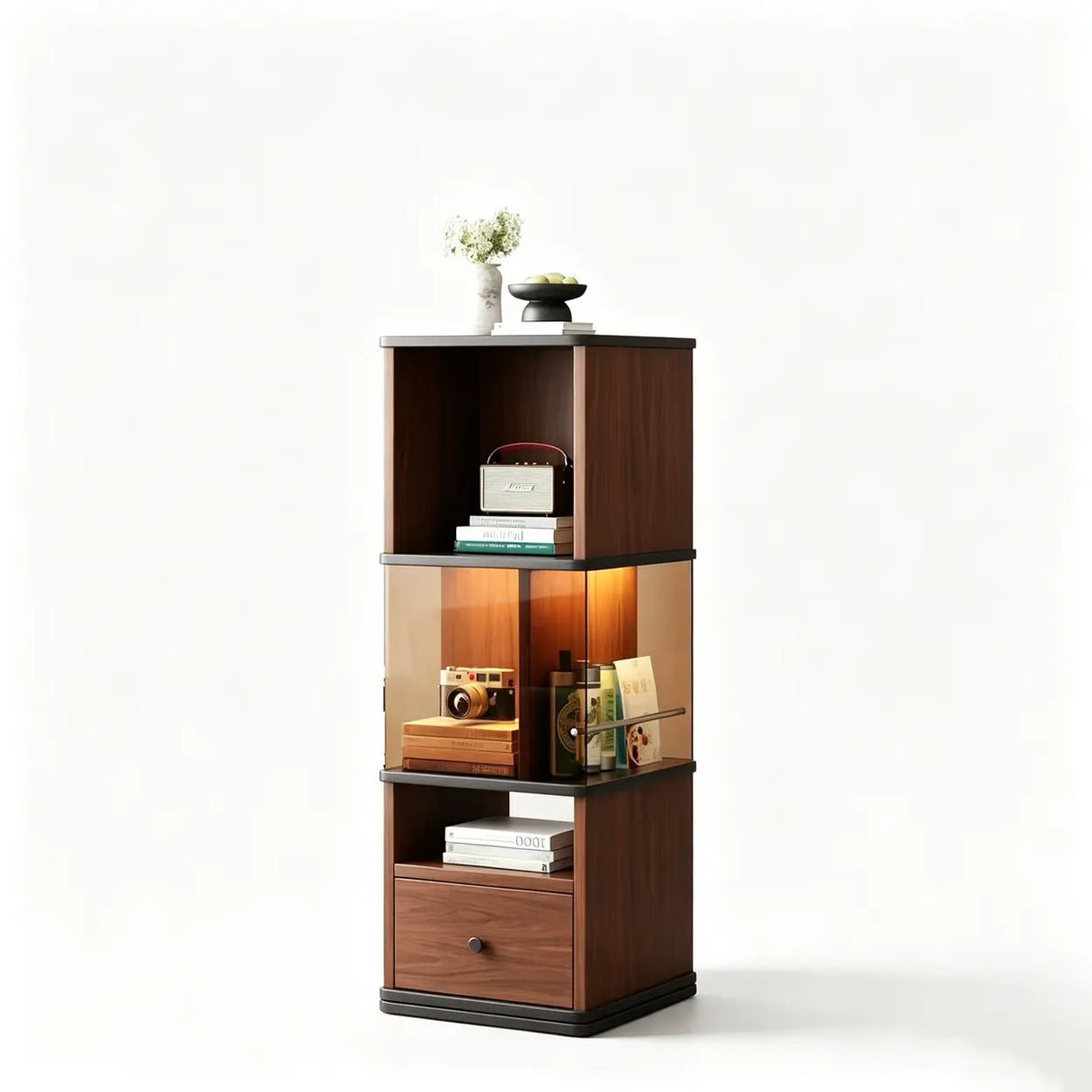 360° Rotating Narrow Bookcase with LED Lighting and Acrylic Panels Image - 4