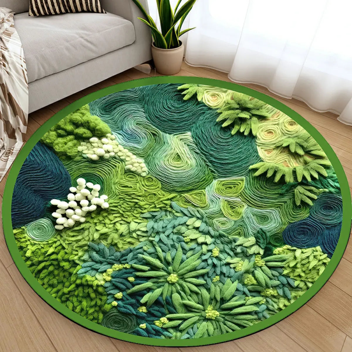 3D Botanical Green Round Anti-Slip Backing Area Rug Image - 1