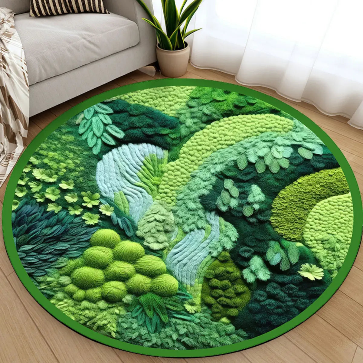 3D Botanical Green Round Anti-Slip Backing Area Rug Image - 2