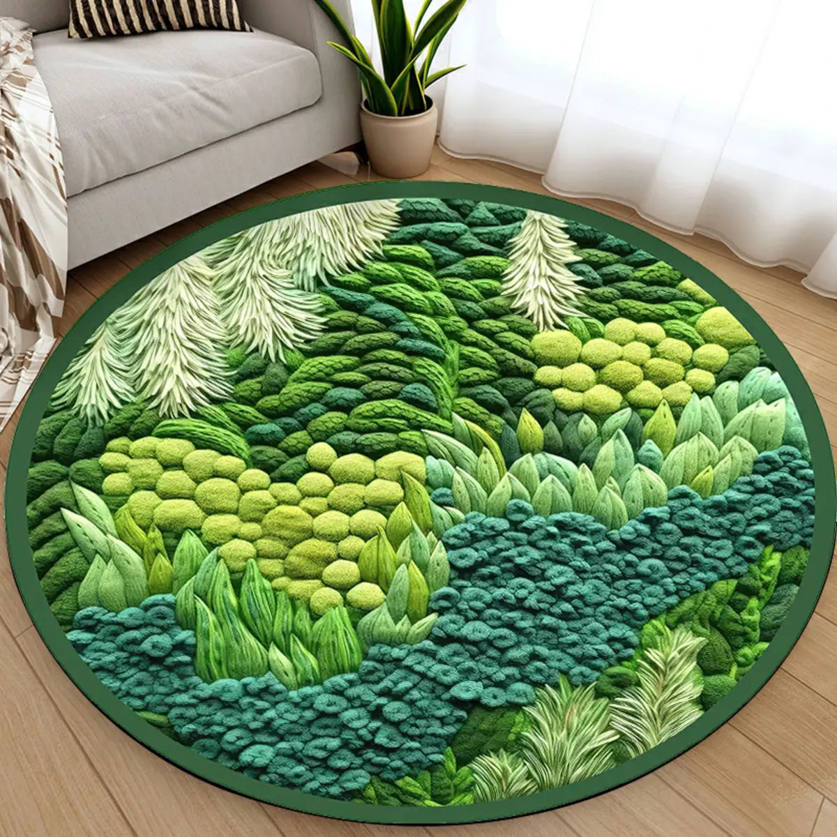 3D Botanical Green Round Anti-Slip Backing Area Rug Image - 3