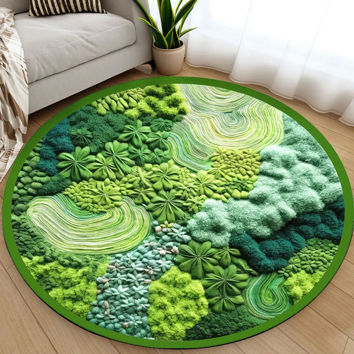 3D Botanical Green Round Anti-Slip Backing Area Rug Image - 4