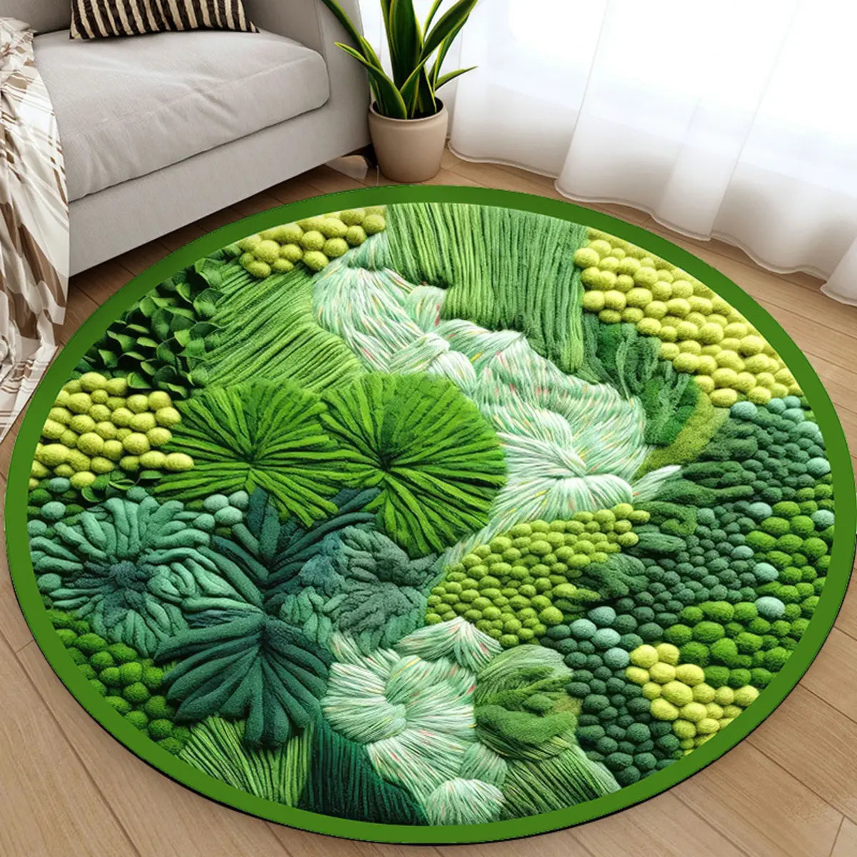 3D Botanical Green Round Anti-Slip Backing Area Rug Image - 6