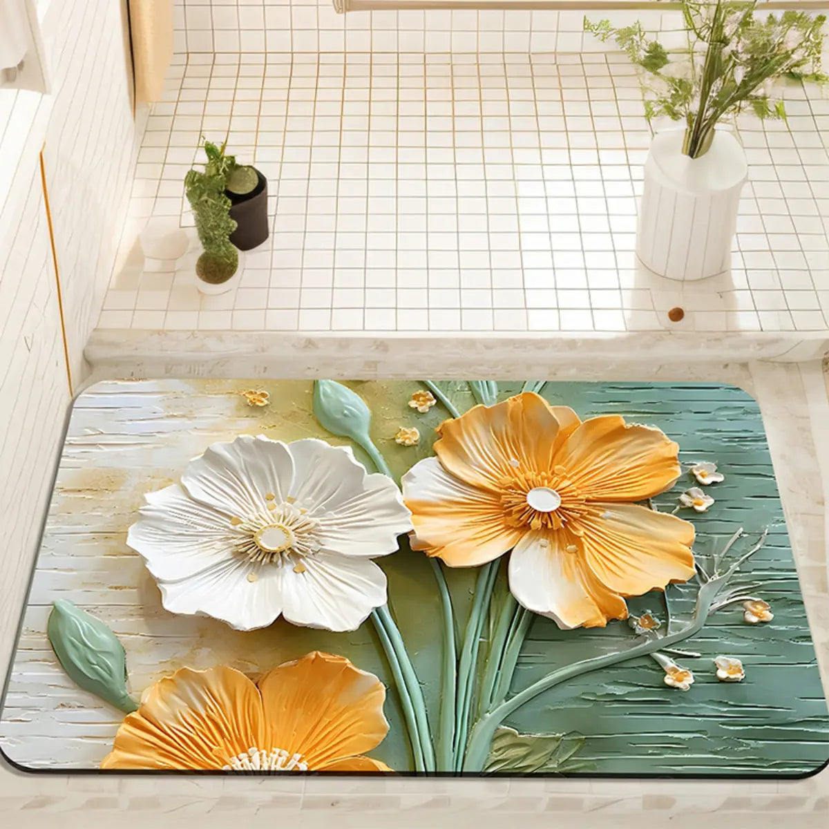 3D Floral Polyester Bath Mat Yellow-Green Area Rug Image - 1