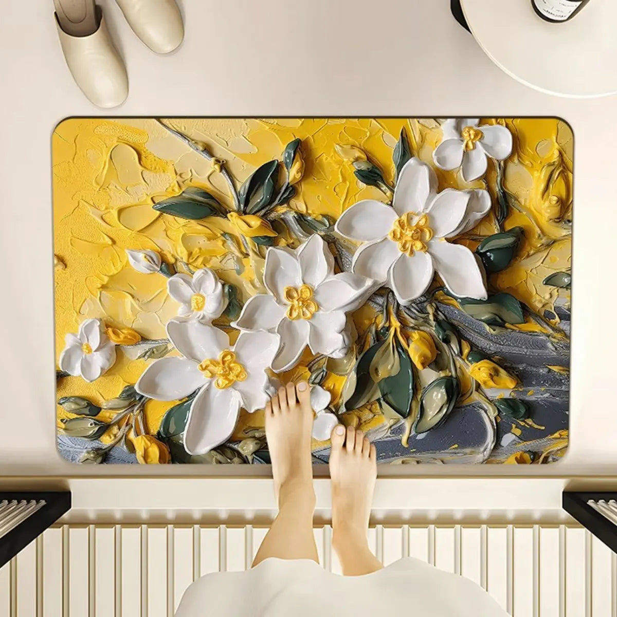 3D Floral Polyester Bath Mat Yellow-Green Area Rug Image - 10