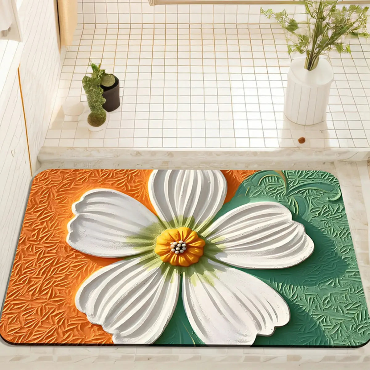 3D Floral Polyester Bath Mat Yellow-Green Area Rug Image - 3