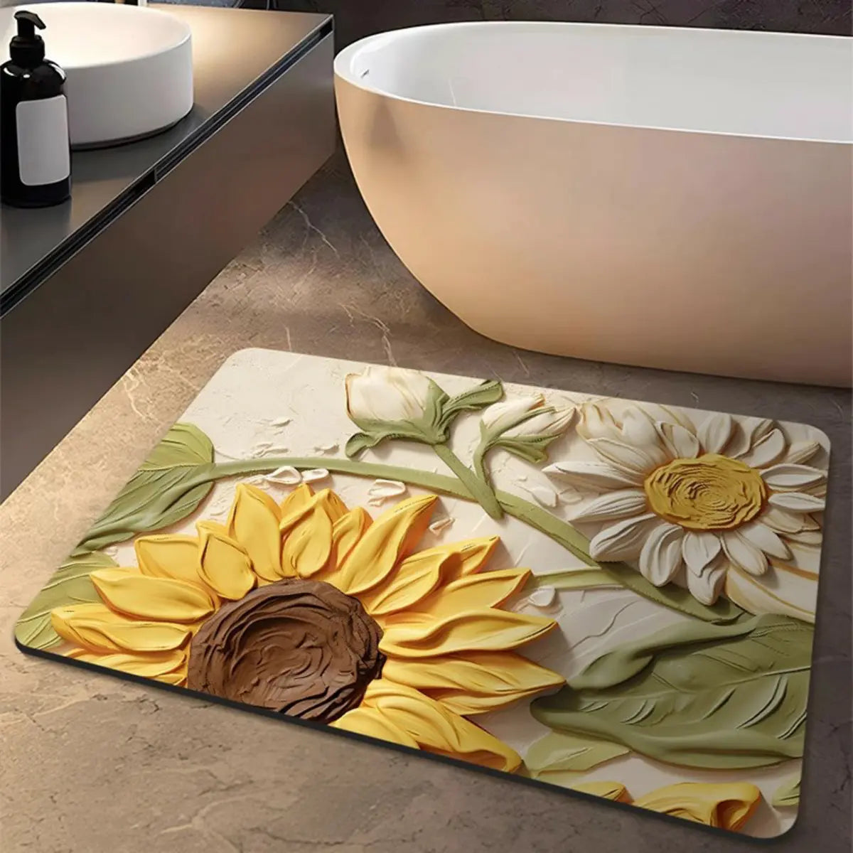 3D Floral Polyester Bath Mat Yellow-Green Area Rug Image - 4