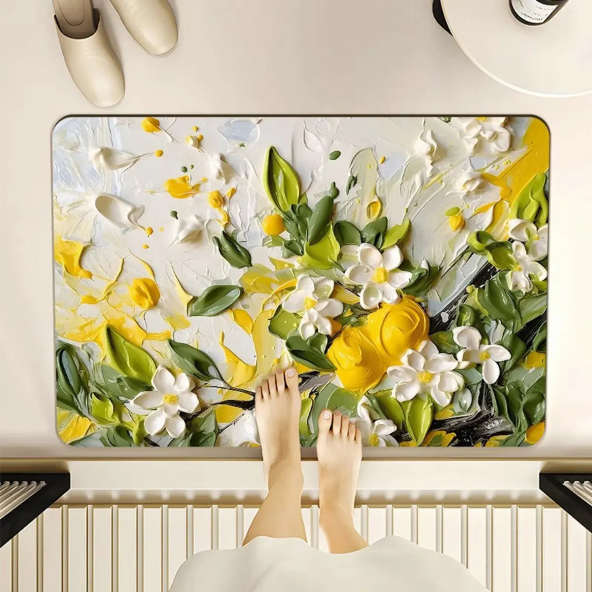 3D Floral Polyester Bath Mat Yellow-Green Area Rug Image - 7