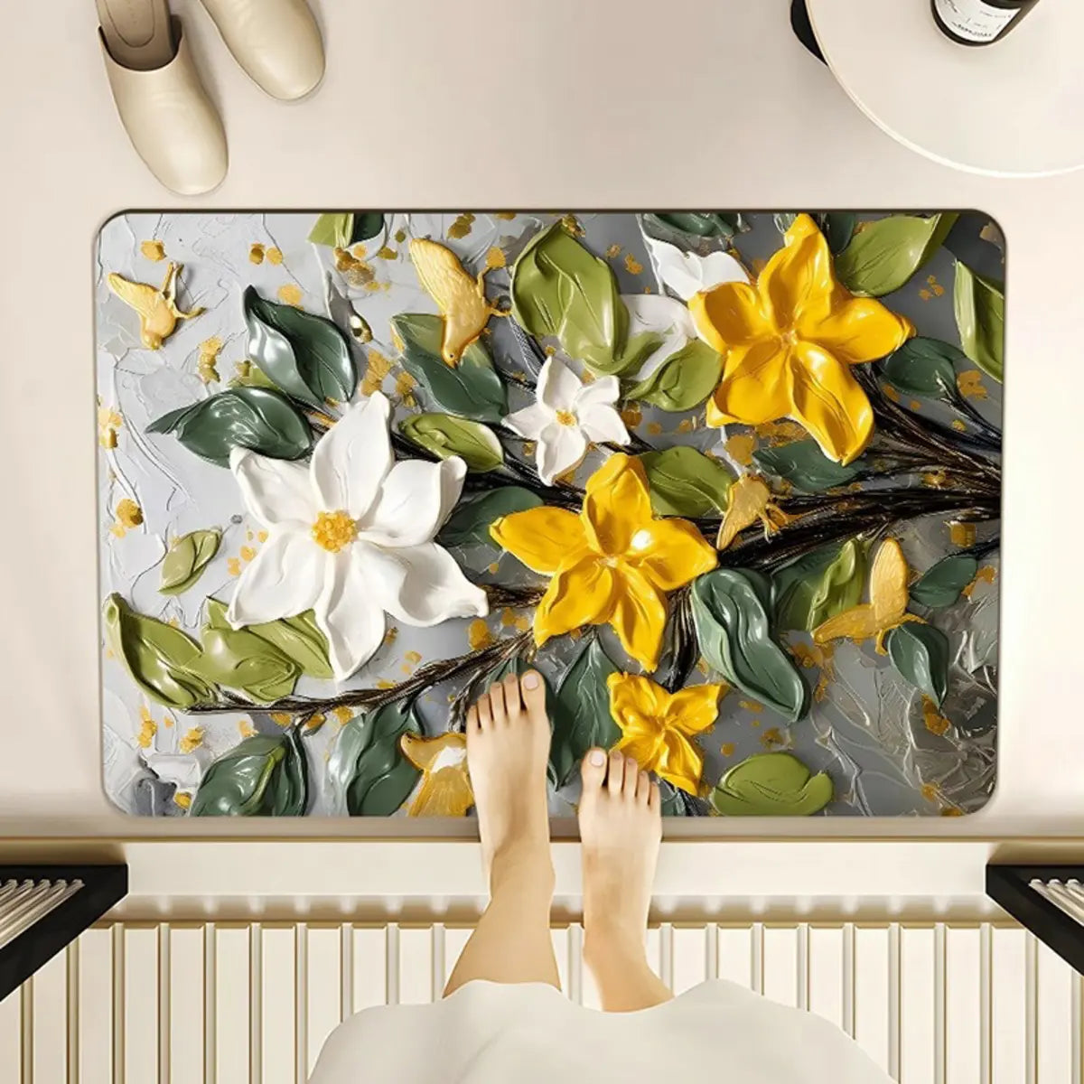 3D Floral Polyester Bath Mat Yellow-Green Area Rug Image - 9