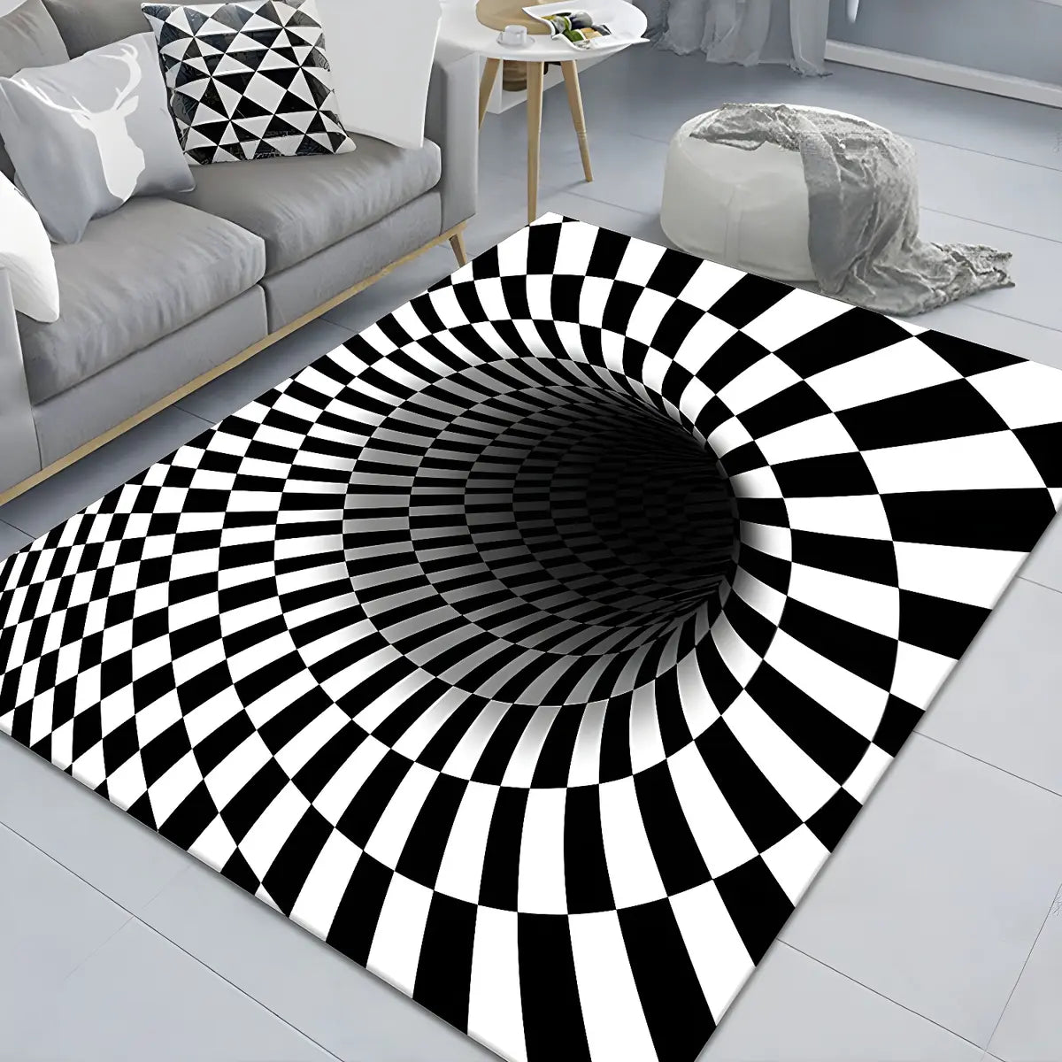 3D Illusion Polyester Black White Rectangle Area Rug Image - 1