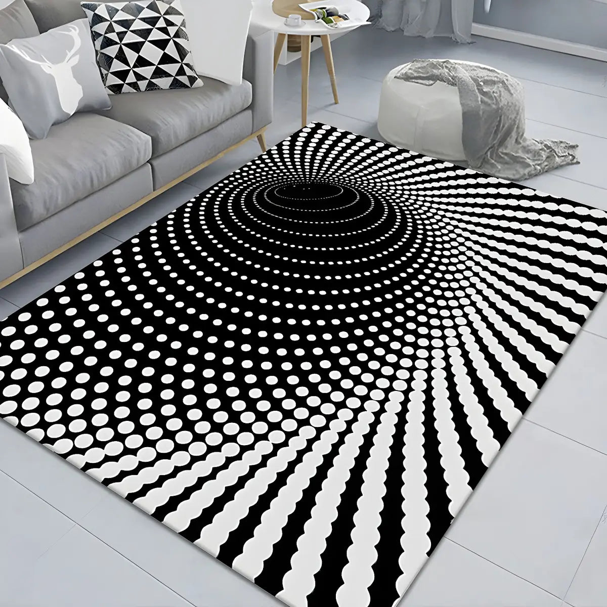 3D Illusion Polyester Black White Rectangle Area Rug Image - 3